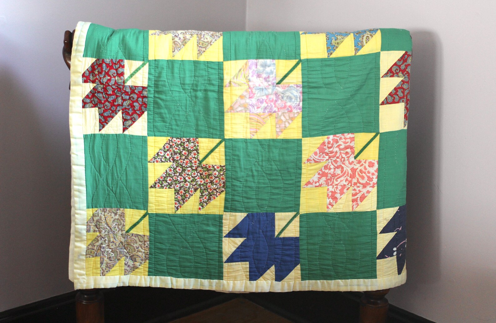 Vintage Maple Leaf Quilt Green and Yellow Quilt 1940s Etsy