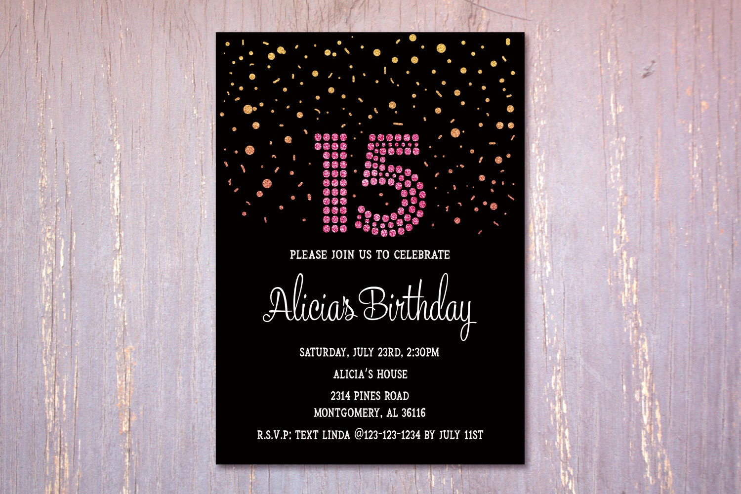 Girl 15th Birthday Invitation Pink and Black Fifteenth | Etsy