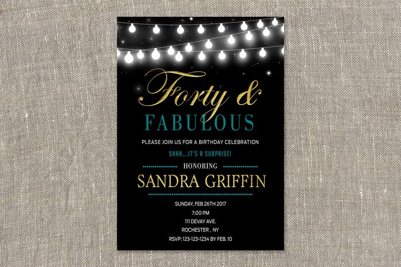 Surprise 40th Birthday Invites Gold Teal Forty And Fabulous Etsy