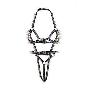 Leder Bodysuit Harness Monokini mit Nieten Spikes (Größe XS - XL)