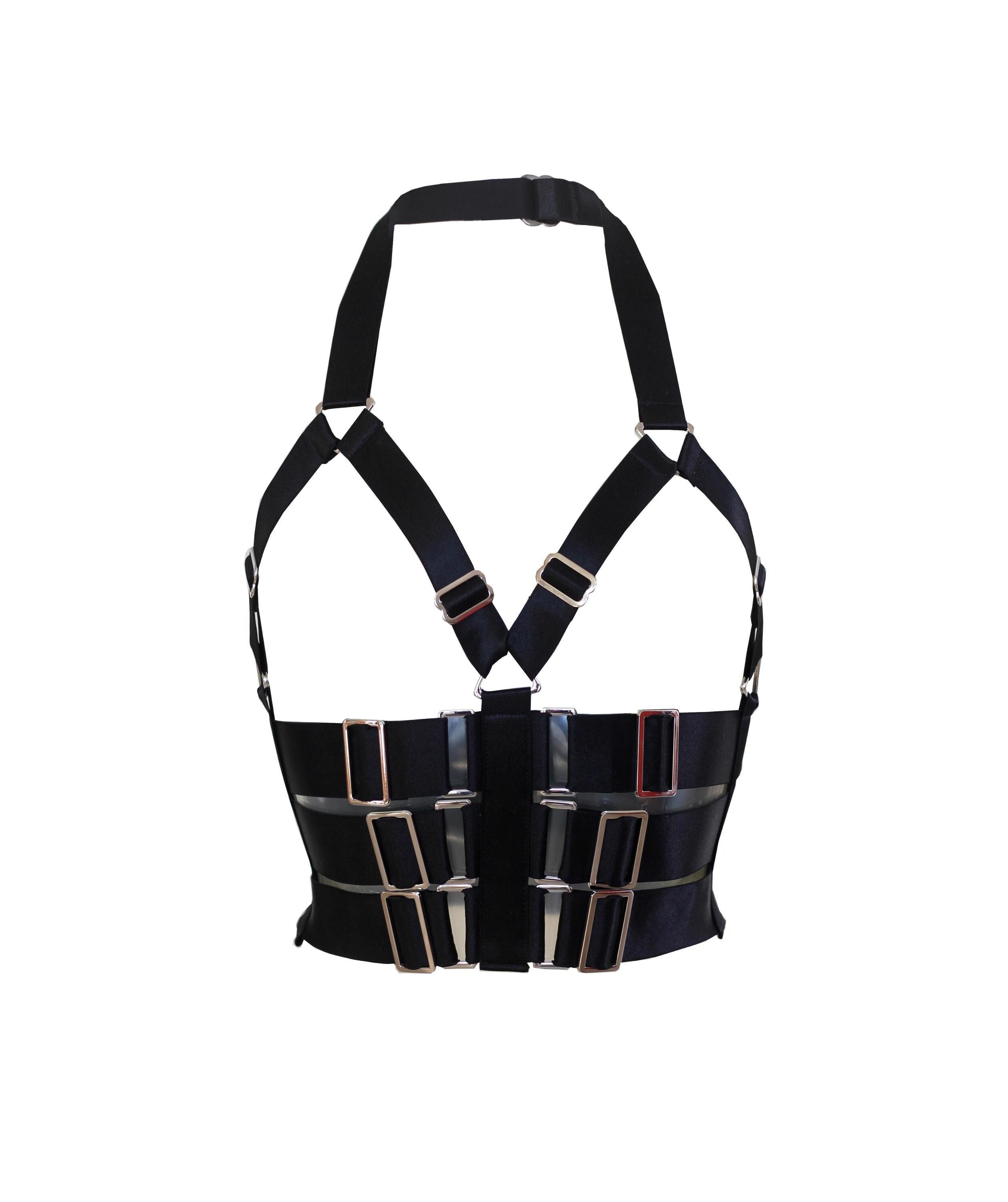 Elastic Harness Top in black satin (Size XS - XL)