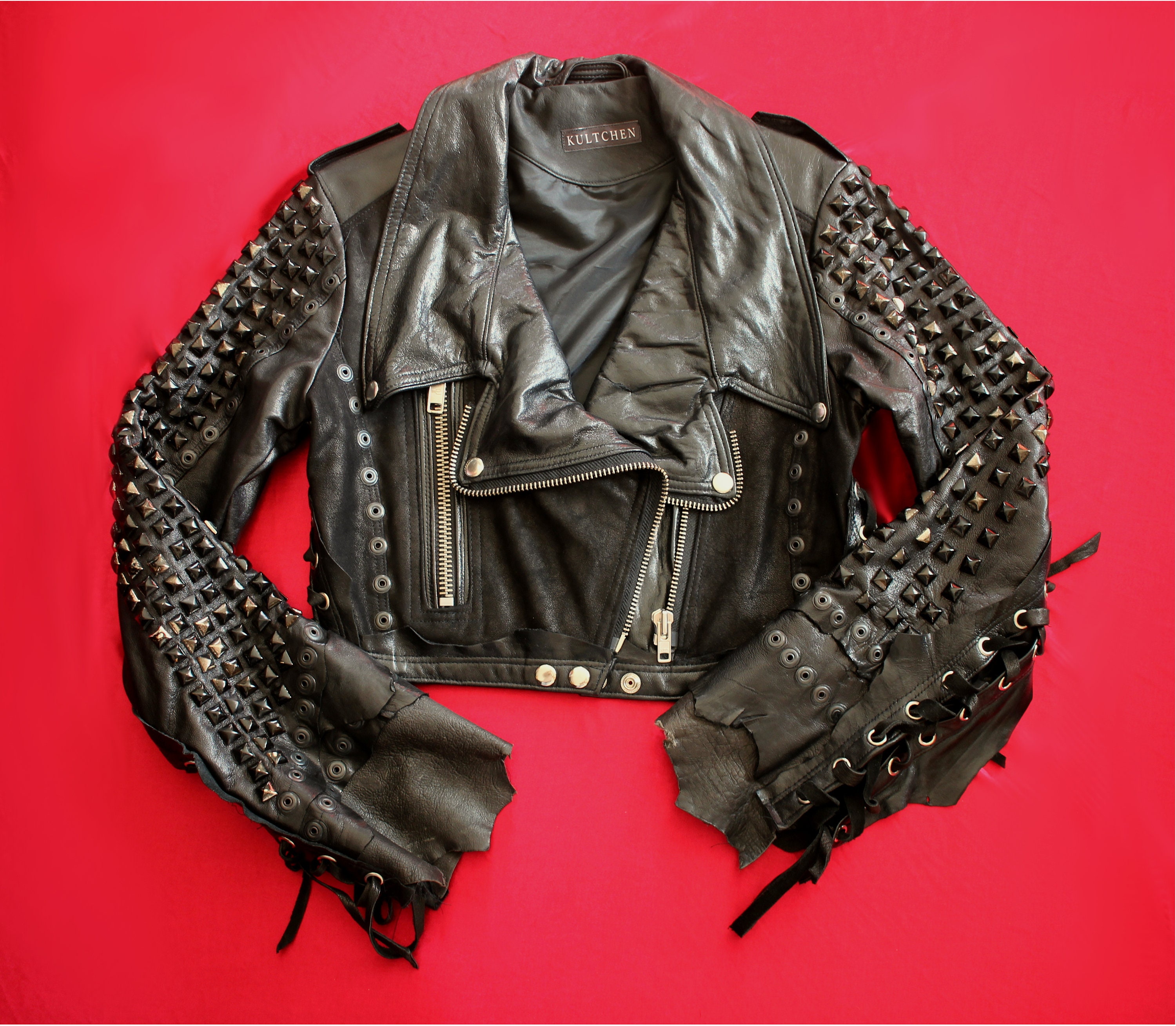vintage lether cropped studs down jacket