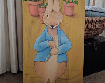 Hand painted Peter Rabbit on wood. Vintage Nursery art. Children's decor. Wall art. Peter Cottontail