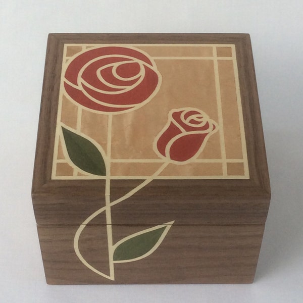 Marquetry trinket box featuring Rennie Mackintosh style rose; Art Deco inlaid wood jewellery box; treasure box; bracelet box