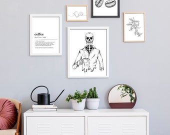 Skeleton Decor, Gallery Wall SET of 7 prints, Skeleton Print, Coffee Art Print, Instant Download Art, Gothic Wall Decor, Skeleton Poster