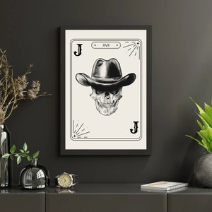 Cowboy Skull, Trendy Skull Art, Playing Card Art Print, Bar Cart Decor, Gothic Poster Gift, Indie Room Decor, Realistic Skull, Joker, Poker