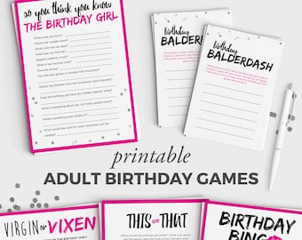 Adult Birthday Game Bundle - 5 Fun Adult Birthday Games - Birthday Girl - Instant Download - 5x7 Printable - Hot Pink & Confetti Design