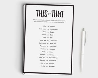 Fun Adult Birthday Game - This Or That - Would You Rather Birthday Edition - Male Birthday - Instant Download - 5x7 Printable