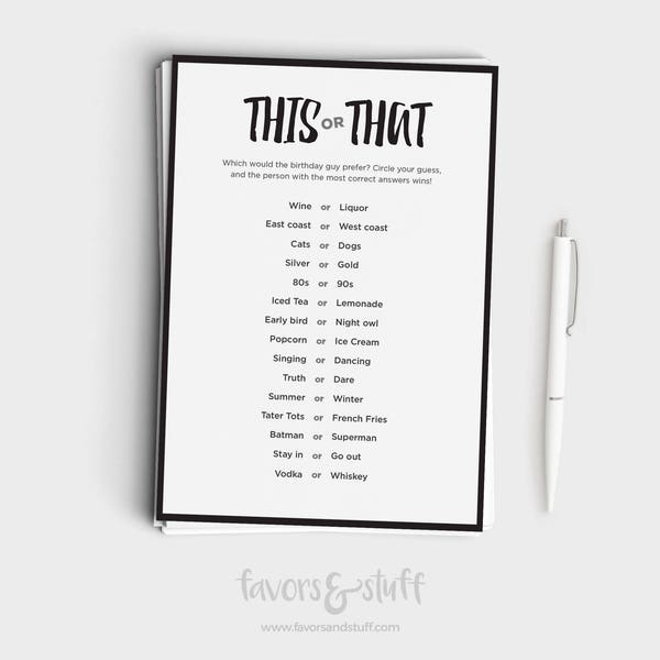 Fun Adult Birthday Game - This Or That - Would You Rather Birthday Edition - Male Birthday - Instant Download - 5x7 Printable