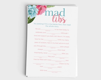 Mad Libs - Pink & Blue Floral - Instant Download - Wedding or Baby Shower Game - 5x7 Printable