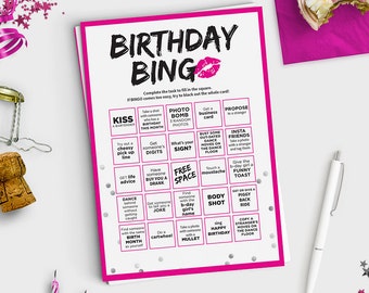 Fun Adult Birthday Game - Birthday Bingo Scavenger Hunt - R-Rated - Instant Download - 5x7 Printable - Hot Pink & Silver Confetti Design