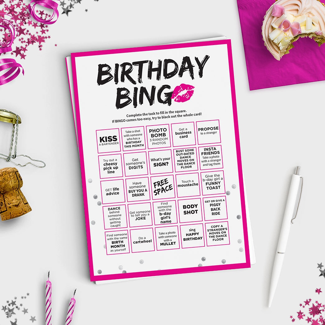 Fun Adult Birthday Game - Birthday Bingo Scavenger Hunt - R-rated - Instant Download - 5x7 Printable - Hot Pink & Silver Confetti Design - Etsy fun-adult-birthday-game-birthday-bingo-scavenger-hunt-r-rated-instant-download-5x7-printable-hot-pink-silver-confetti-design-etsy