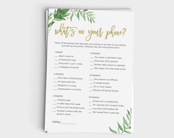 Wedding Shower Game - What's On Your Phone Game - Garden Party Modern Leaf Design - Instant Download - 5x7 Printable