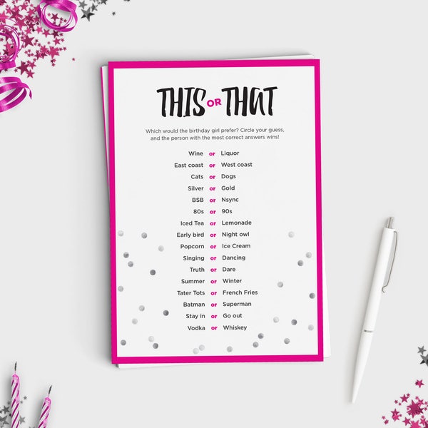 Fun Adult Birthday Game - This Or That - Would You Rather Birthday Edition - Instant Download - 5x7 Printable - Hot Pink & Silver Confetti