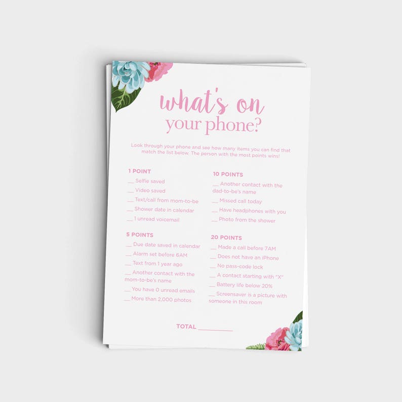 Fun Baby Shower Game Instant Download 5x7 Printable What/'s On Your Phone Blue Floral /& Pink Floral Design 3 Colors included