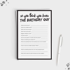 Prueba de cumpleaños - ¿Qué tan bien conoces el juego Birthday Guy? - Descarga instantánea - Imprimible 5x7 - Diseño minimalista en blanco y negro