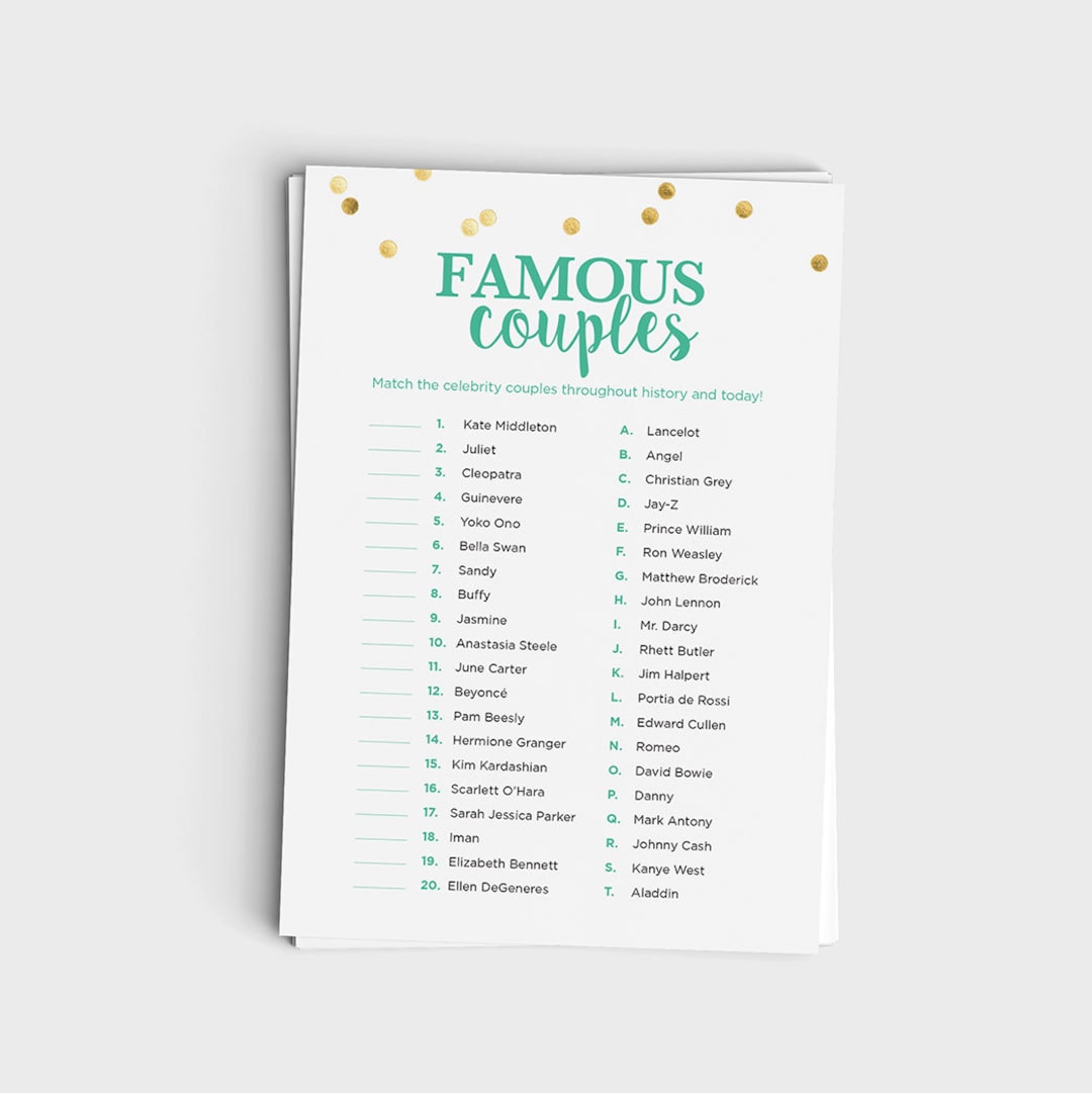 Fun Bridal Shower Game Famous Couples Match Game Mint & Glitter Design
