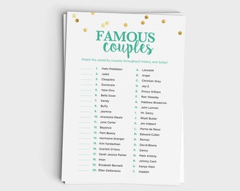 Fun Bridal Shower Game - Famous Couples Match Game - Mint & Glitter Design - Instant Download - 5x7 Printable