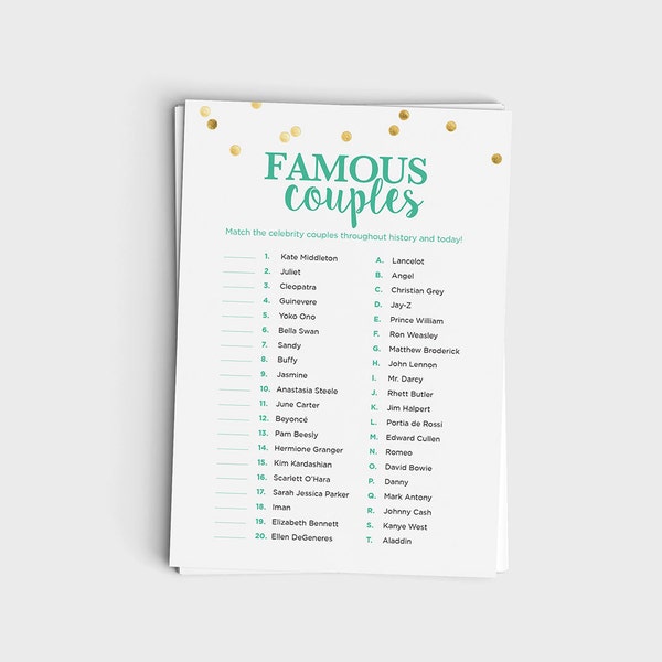 Fun Bridal Shower Game - Famous Couples Match Game - Mint & Glitter Design - Instant Download - 5x7 Printable