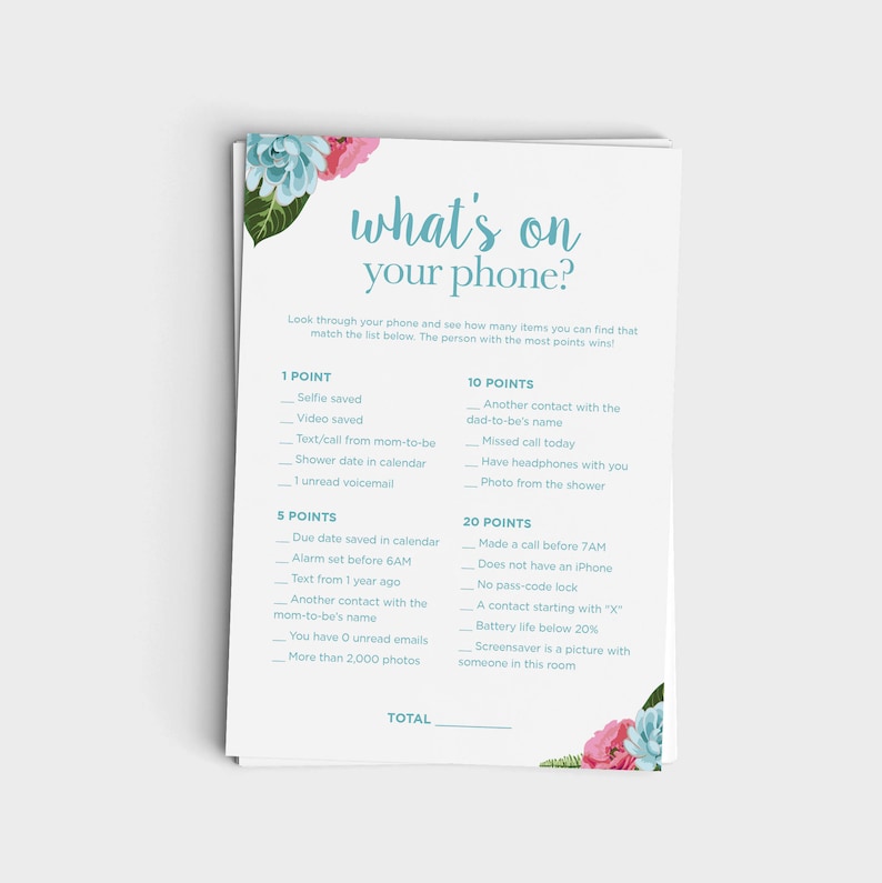 Fun Baby Shower Game Instant Download 5x7 Printable What/'s On Your Phone Blue Floral /& Pink Floral Design 3 Colors included