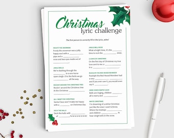 Christmas Lyric Challenge - Fill in the blank Christmas Song Game - Instant Download - 5x7 Printable - Fun Christmas Party Game for All Ages