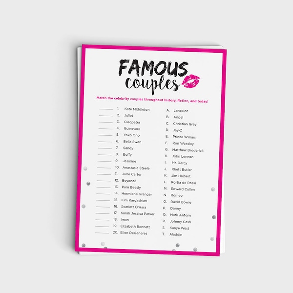 Fun Shower Game - Famous Couples Match Game - Hot Pink Glitter Design - Instant Download - 5x7 Printable