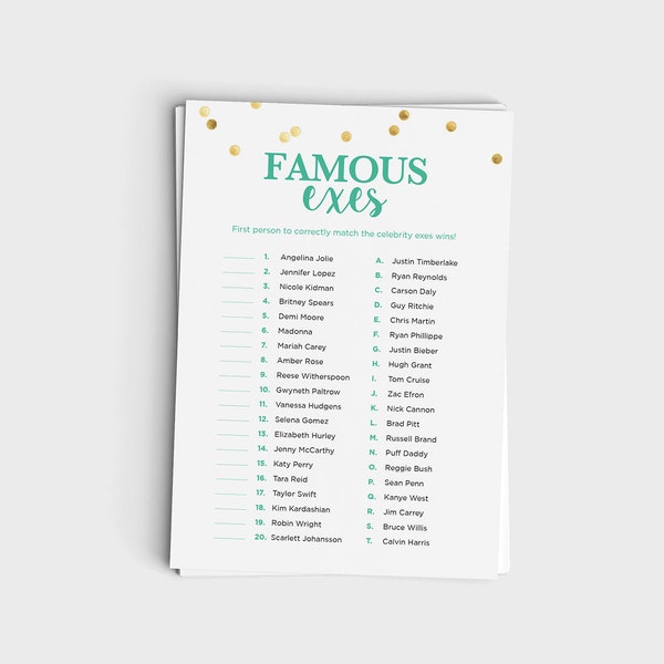 Famous Exes Match Game - Mint & Glitter Design - Instant Download - 5x7 Printable - Divorce Break Up Party