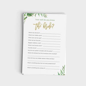 Bridal Shower Quiz Game - How Well Do You Know The Bride - Instant Download - 5x7 Printable - Modern Greenery Garden Party Design