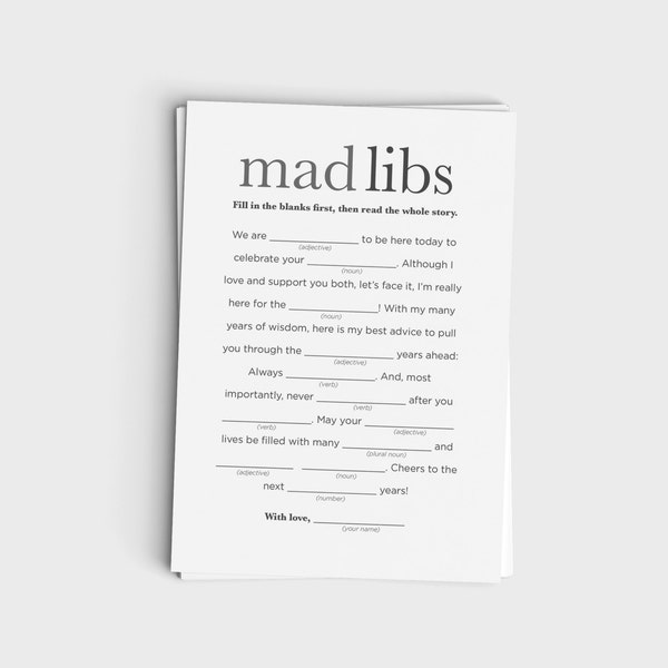 Mad Libs - Minimalist Modern Gray Design - Instant Download - Wedding or Baby Shower Game - Printable