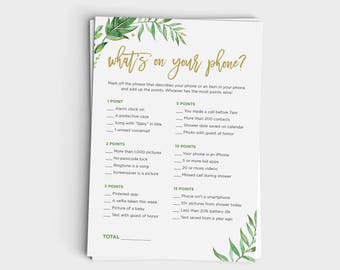 What's On Your Phone Game - Fun Baby Shower Game - Garden Party Modern Leaf Design - Instant Download - 5x7 Printable
