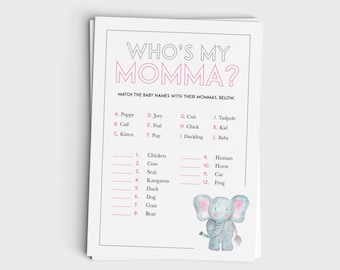 Fun Baby Shower Game - Who's My Momma - Baby Shower Printable - Instant Download - 5x7 Printable - 4 Cute Watercolor Animal Designs
