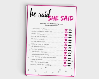 Fun He Said She Said Game - Bachelorette Game - Wedding Shower Game - Instant Download - 5x7 Printable - Hot Pink & Silver Confetti Design