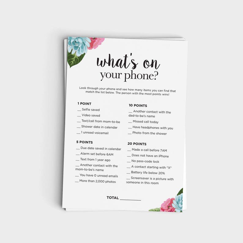 Fun Baby Shower Game Instant Download 5x7 Printable What/'s On Your Phone Blue Floral /& Pink Floral Design 3 Colors included