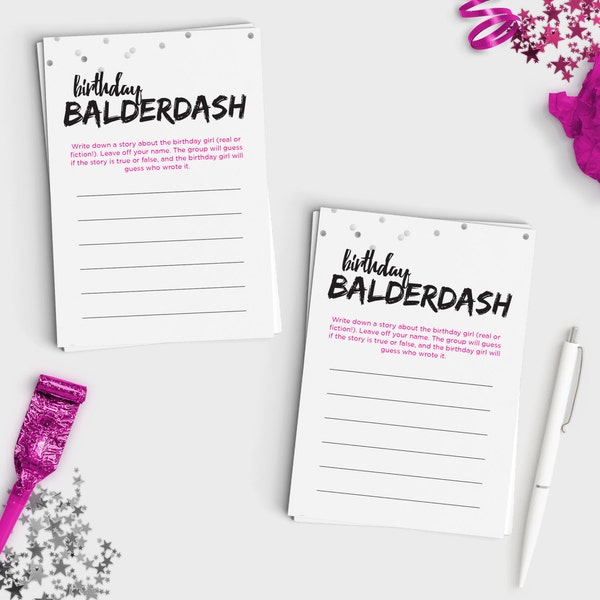 Fun Adult Birthday Game - Balderdash Mini Cards with Sign - Instant Download - Printable - Hot Pink & Silver Confetti Design