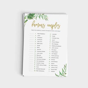 Famous Couples Match Game - Bridal Shower Game - Garden Party Modern Leaf Design - Instant Download - 5x7 Printable