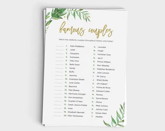 Famous Couples Match Game - Bridal Shower Game - Garden Party Modern Leaf Design - Instant Download - 5x7 Printable