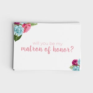 Printable Will You Be My Matron of Honor Card - Pink and Blue Floral Design - Instant Download