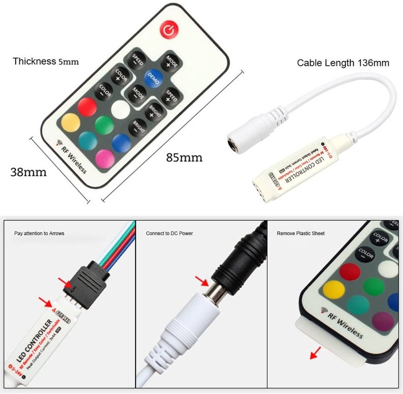 RF Wireless RGB LED Controller with 17-Key Wireless Remote Control Dimmer for 5050 Strip Lights