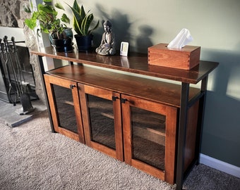 Rockford-SLIM Industrial Credenza Cabinet/ Media Console / Solid Hardwood & Metal Sideboard / Minimalist Industrial TV Stand / Sofa table