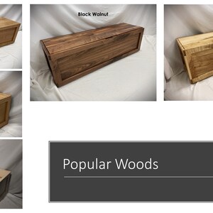 May include: A collage of six wooden storage boxes made from different types of wood, including cherry, black walnut, birch, red oak, maple, and popular woods. The boxes are all the same size and shape, and they have a hinged lid.