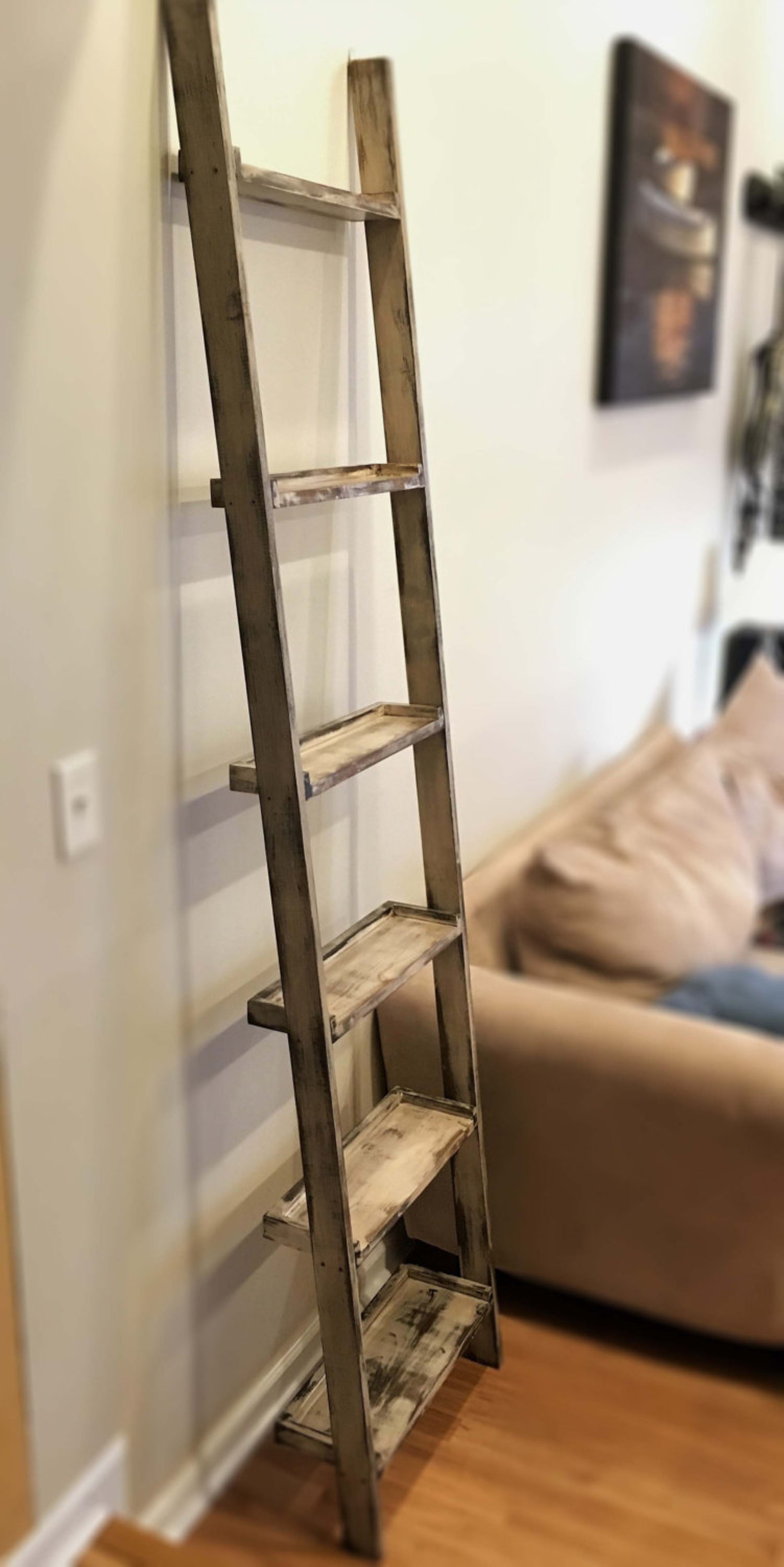 Distressed Wood Ladder Shelf Wall Mounted Etsy