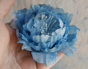 Blue silk peony: hair flower / fabric brooch / peony bar / flower pin, handmade floral accessory in France