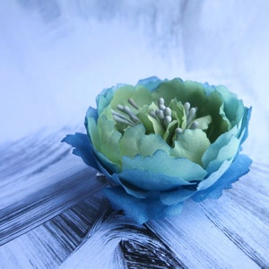 Fabric flower brooch and barrette: Hand-dyed blue-green natural cotton peony