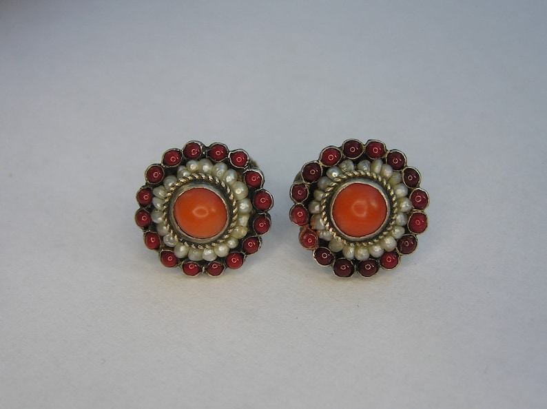 Antique Natural Seed Pearls Antique Natural Coral 750 Victorian Austro-Hungarian Silver Coral Earring- Antique Silver Earring