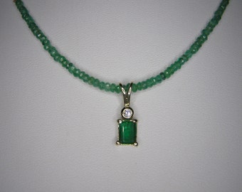 Vintage Micro Faceted Emerald Necklace With Emerald - Diamond Pendant