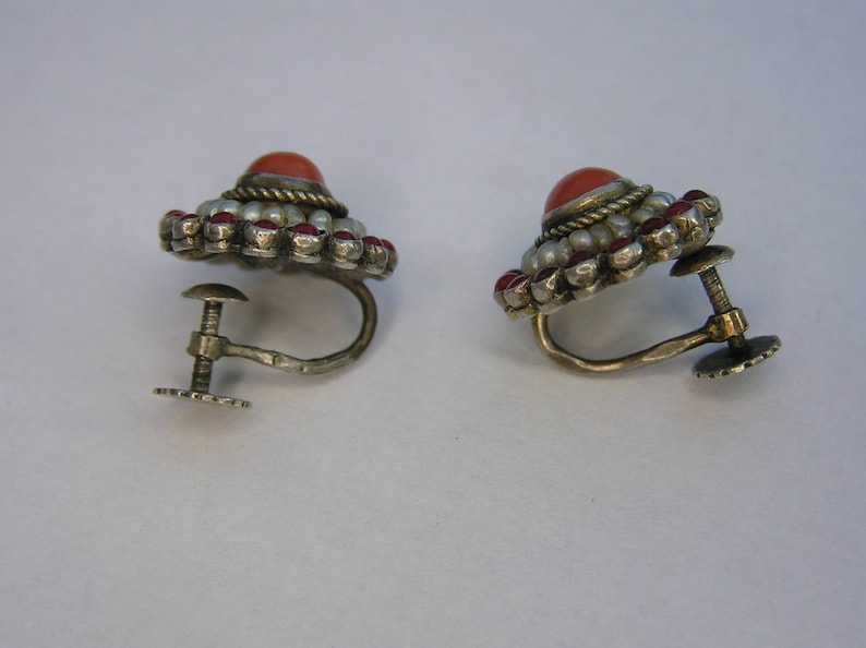 Antique Natural Seed Pearls Antique Natural Coral 750 Victorian Austro-Hungarian Silver Coral Earring- Antique Silver Earring