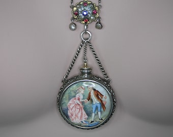 Victorian Enamelled Perfume Bottle Necklace: Austro-Hungarian Silver Chatelaine