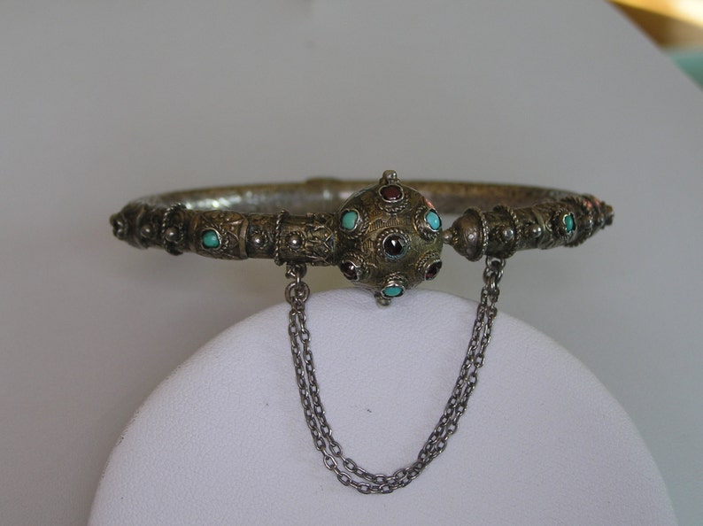 Etruscan Victorian Silver 800 Bracelet with Turquoise and Garnet image 2