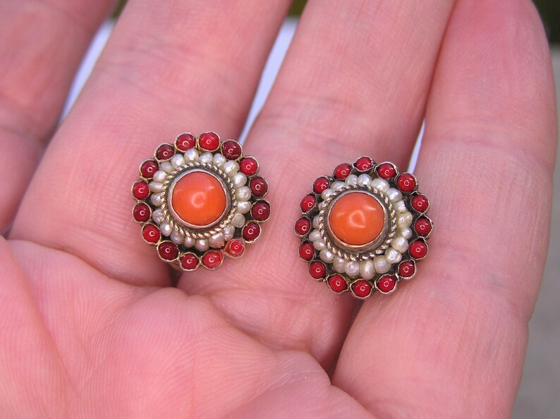 Antique Natural Seed Pearls Antique Natural Coral 750 Victorian Austro-Hungarian Silver Coral Earring- Antique Silver Earring