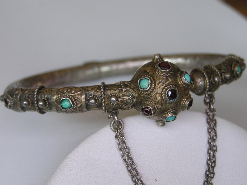 Etruscan Victorian Silver 800 Bracelet with Turquoise and Garnet image 1